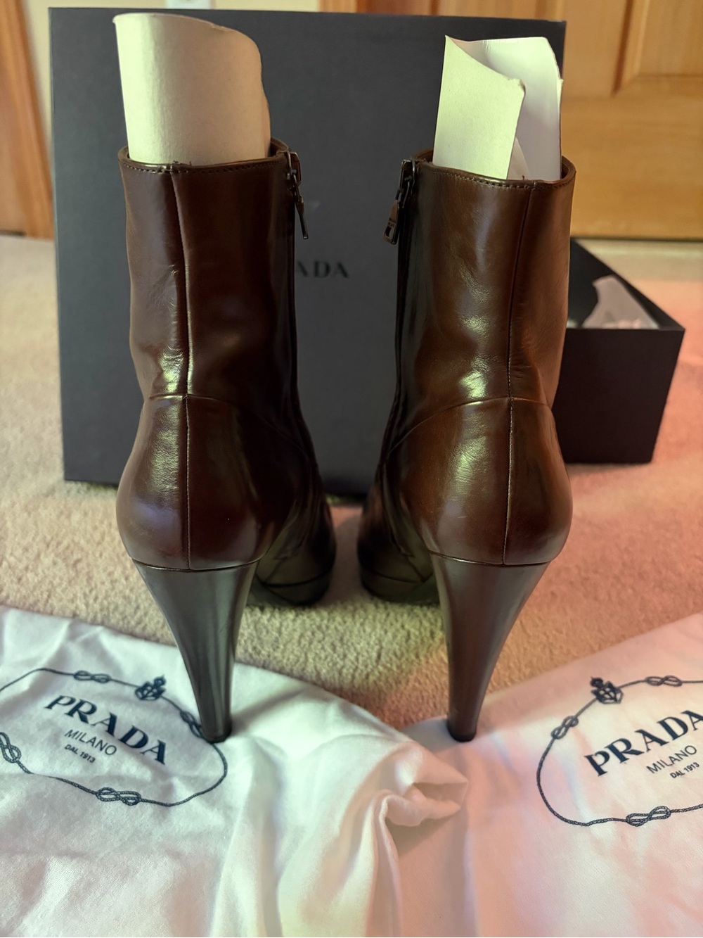 Prada Dark Brown Leather Platform Ankle Boots - Picture 4 of 8